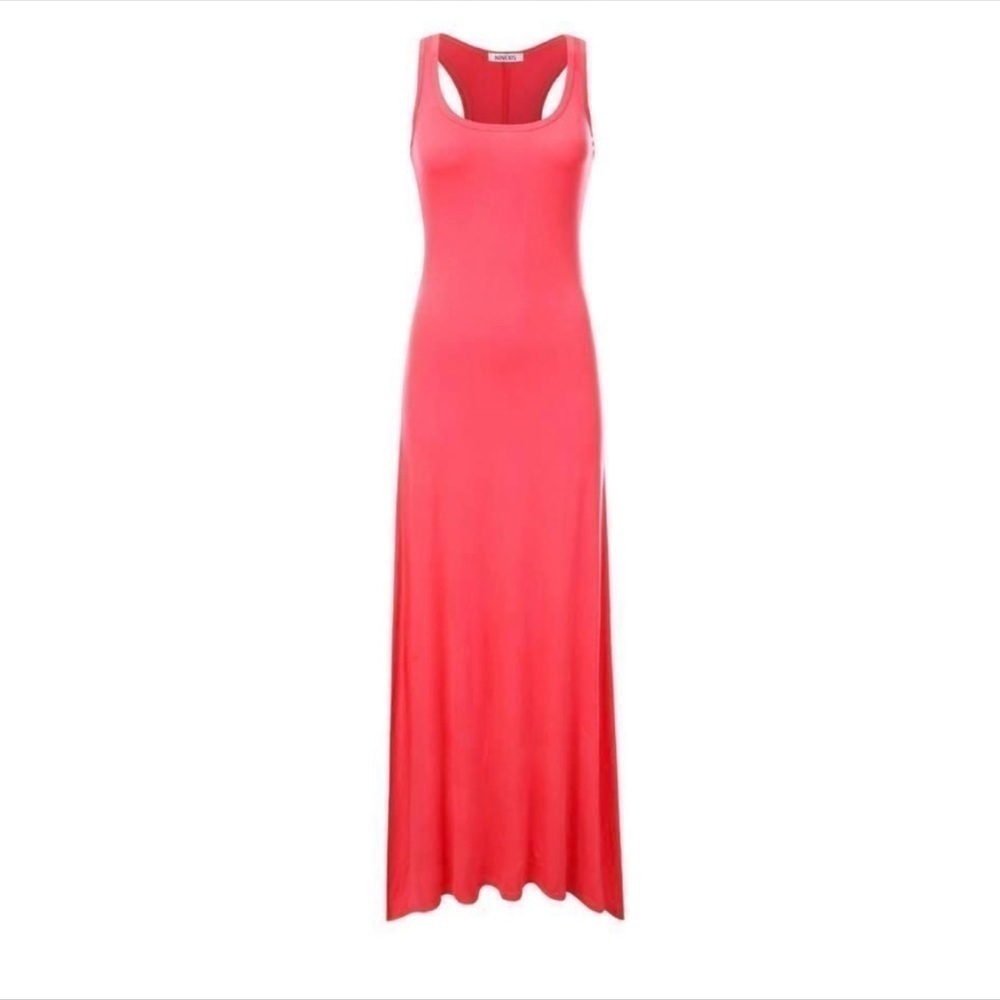 Scoop Neck Racerback Jersey Stretch Maxi Dress Coral 1x